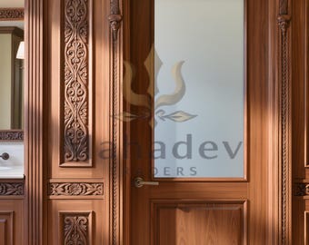 Hand Carved Solid Wood Interior Door | Floral Medallion Entryway, Custom Size Available