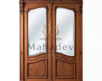 Hand Carved Solid Wood Double Entry Door | Teak Floral Medallion Interior Door