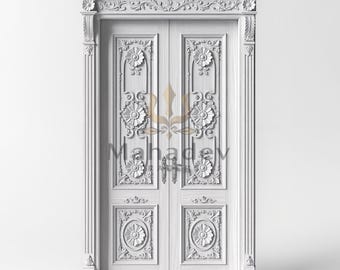Hand Carved Double Wooden Door, White Wash Floral Interior Door, Custom Size Available