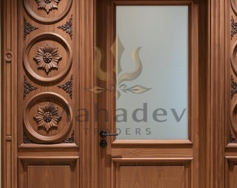 Hand Carved Solid Wood Door | Floral Medallion Interior Entry Door