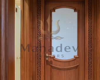 Luxury Hand-Carved Solid Teak Interior Door | Floral Medallion Wood Entry Door
