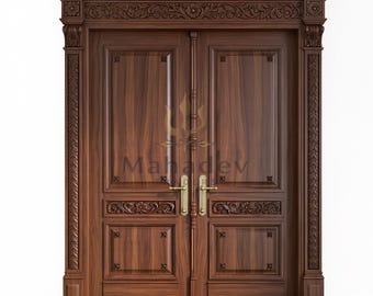 Hand-Carved Walnut Double Entry Door, Traditional Estate Wood Entrance