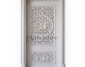 Hand Carved White Wooden Door | Luxury Floral Interior Door, Custom Size Available