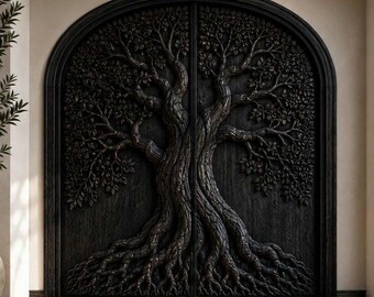 Tree of Life Double Arched Door , Hand Carved Solid Wood Entry Door, Custom Double Front Door, 72in wide x 96 tall with frame arched