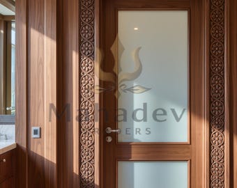 Hand Carved Solid Wood Interior Door | Floral Medallion Frame, Frosted Glass Panel