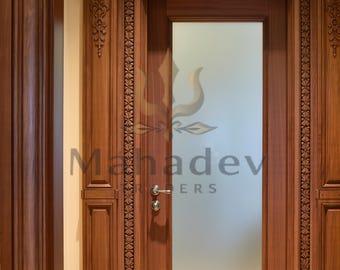 Hand Carved Solid Wood Interior Door | Custom Teak Floral Medallion Privacy Door