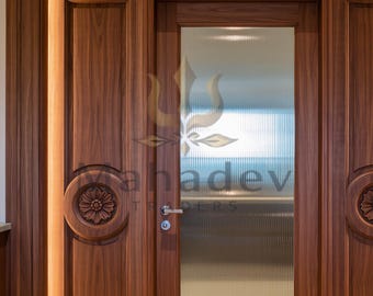 Solid Wood Interior Door | Hand-Carved Floral Medallions, Reeded Frosted Glass (Custom Size)