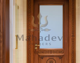 Hand Carved Solid Teak Wood Interior Door | Floral Medallion Privacy Door