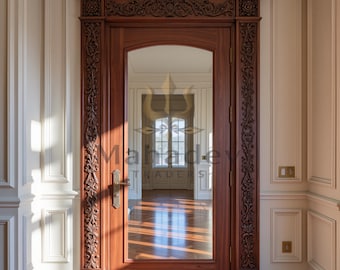 Hand Carved Solid Teak Interior Door | Floral Medallion Wood Door