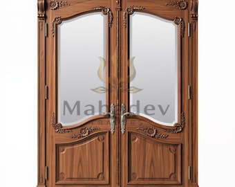 Hand Carved Solid Double Entry Door | Floral Medallion Teak Wood Front Door