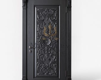 Hand Carved Black Solid Wood Interior Door | Floral Scroll Luxury Custom Entrance