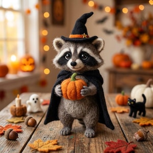 May include: A needle-felted raccoon figurine wearing a black witch hat with an orange band and a small gold star, and a black cape. The raccoon is holding a small orange felted pumpkin. The figure has grey and black fur and large dark eyes.