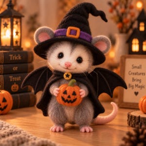 Handmade Witch Possum Needle Felted Figurine, Wool Opossum Doll with Bat Wings and Pumpkin, Whimsical Halloween Decor, Cozy Fall Gift
