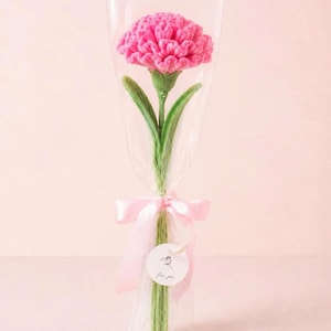 May include: A single crocheted pink carnation flower with a green stem and leaves, wrapped in clear cellophane. The bouquet is tied with a light pink satin ribbon and features a small circular white tag with a floral illustration and the text for you.