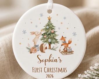 Adorno de cerámica personalizado para la primera Navidad del bebé 2026 – Recuerdo de animales del bosque
