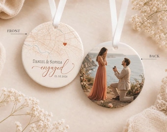 Personalized Proposal Map Ornament, Custom Couple Photo Keepsake, Warm Beige