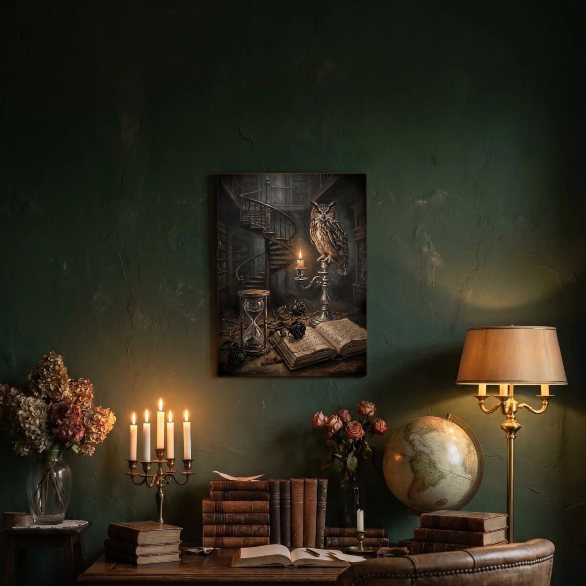 Dark Academia Owl Library Wall Art, Gothic Owl Candle Print, Witchcore Hourglass Poster, Victorian L