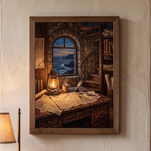 coastal wall decor for home office vintage mapmaker study painting housewarming gift for writer warm candlelit lighthouse