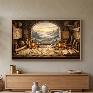 May include: A rectangular wall art print depicting a stone study with a large arched window overlooking a misty mountain valley at sunset. The wooden desk is cluttered with vintage world maps, open books, quill pens, inkwells, and glowing lanterns.