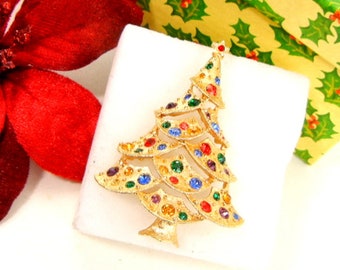 Christmas tree pin brooch with multicolored rhinestones / sparkly colors / holiday jewelry