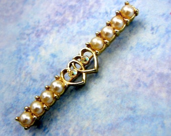 Heart bar pin gold with pearls & rhinestones by Sarah Coventry "Waltz Time" / collar pin / heart jewelry / jewelry gift