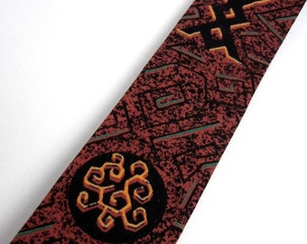 Vintage 1960s Skinny Tie: Brick Red Aztec Rayon Necktie / Fall colors