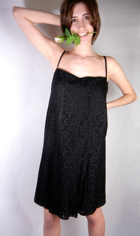 1960s Mod Black Lace Dress: Vintage Spaghetti Strap Cocktail Dress (S-M)/ evening wear, costume