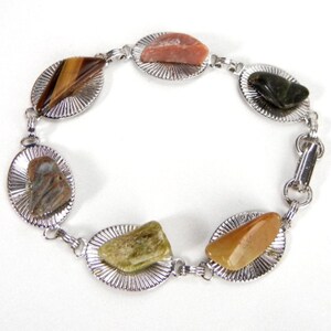 Vintage Stone Bracelet: Ribbed Silver Links, Earth Tones, 1960, hipster, nature jewelry, retro gift