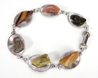 Vintage Stone Bracelet: Ribbed Silver Links, Earth Tones, 1960, hipster, nature jewelry, retro gift
