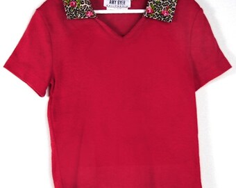 Girls red knit tee shirt top with animal print collar vintage  by Amy Byer size M  8 - 10 - short sleeve blouse