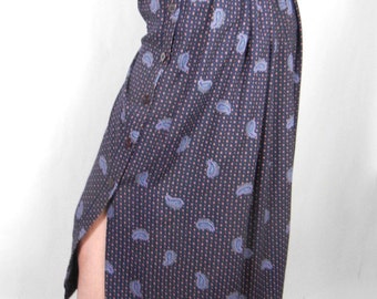 1970s Vintage Paisley Rayon Midi Skirt - Navy Blue Side Button