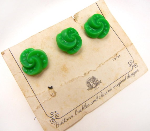Vintage Green Plastic Buttons: 1950s Sculptured Dots & Spirals, Set of 3
