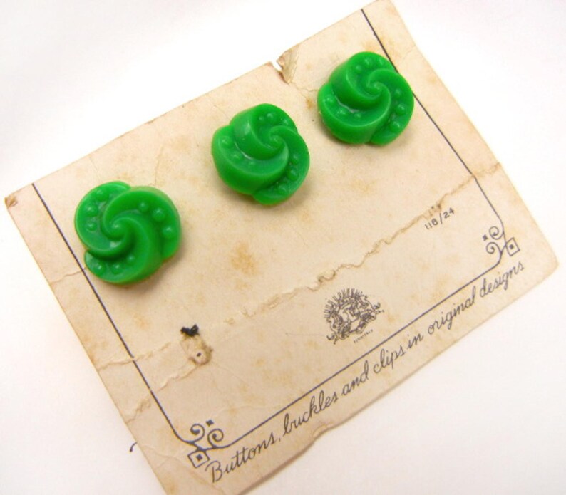 Vintage Green Plastic Buttons: 1950s Sculptured Dots & Spirals, Set of 3 image 1