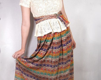 1970s Rayon Print Skirt: Multicolor Striped Vintage Size 12