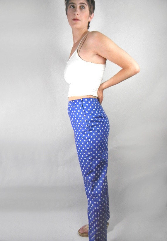Blue Cotton Pants With White Flower Print Size M Vintage From - Etsy