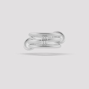 May include: A polished silver ring featuring a multi-band design with three interconnected smooth circular loops. The center of the ring is accented by three small, vertical, cylindrical silver bars that bind the bands together in a unified structure.