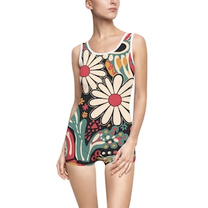 Vintage Swimsuit, Boho Chic Flowers Pattern One Piece 60&#39;s Style Bathing Suit, Retro Floral Swimwear, Women&#39;s Swim Dress, Modest Swimsuit