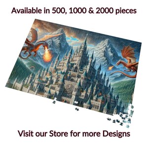 Fantasy Puzzle for Adults - Castle Scene with Dragons - 500, 1000 and 2000 Piece Difficult Jigsaw Puzzle in a Tin