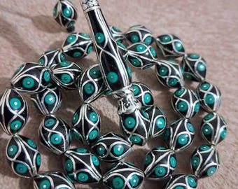 Jet Stone Tasbih with Turquoise and Silver Inlay, 9x12mm Handcrafted Black Amber Misbaha, Sterling Silver Men Worry Beads, Gift for Him