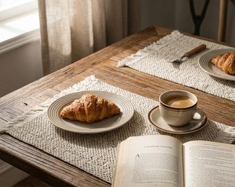 Boho Cotton Linen Placemats Set, Woven Fringe Table Mats, Farmhouse Dining Decor