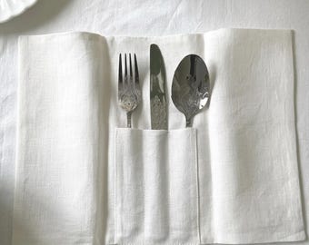 Set of 4 Linen Cutlery Pocket Napkins, Silverware Holder, Flatware Pocket, Wedding Table Setting, Farmhouse Table Decor