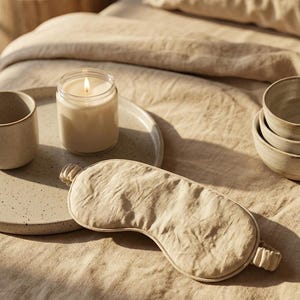 May include: A beige linen sleep mask with a gathered elastic strap, positioned on a textured fabric surface alongside a lit candle in a clear glass jar, a speckled ceramic plate, a ceramic mug, and a stack of two small ceramic bowls.