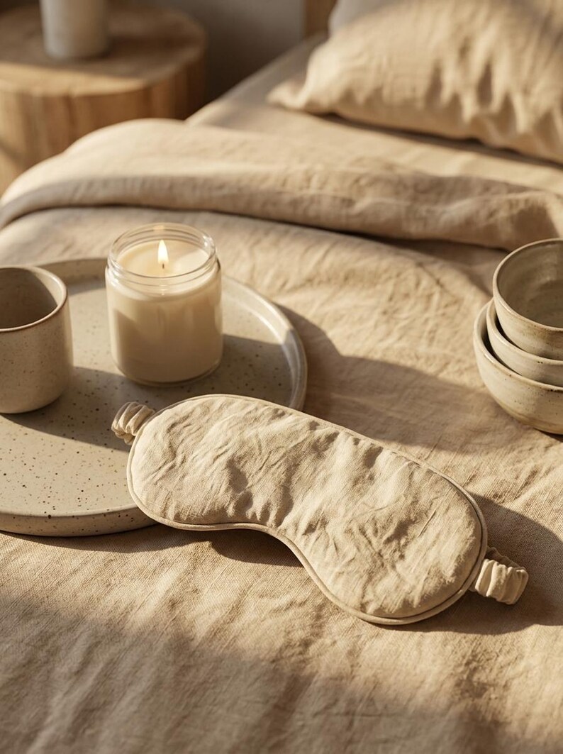 May include: A beige linen sleep mask with a gathered elastic strap, positioned on a textured fabric surface alongside a lit candle in a clear glass jar, a speckled ceramic plate, a ceramic mug, and a stack of two small ceramic bowls.