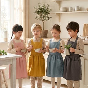 May include: Four children wearing long-sleeved beige shirts and pants, each dressed in a different colored apron: pink, mustard yellow, dusty blue, and charcoal gray. Each apron features a square bib, a gathered waist, and two front pockets.