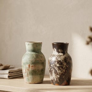 Rustic Ceramic Bud Vase Set, Handmade Pottery Vase, Distressed Green & Brown Vase, Farmhouse Shelf Decor