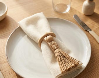 Wood Tassel Napkin Rings Set of 4, Beech Wood Napkin Holders, Boho Table Decor, Rustic Wedding Table Setting, Farmhouse Dining Accessories