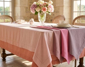 French Linen Tablecloth Pink Collection, Romantic Dining Table Cover, Cottagecore Farmhouse Decor, Wedding Linen Tablecloth