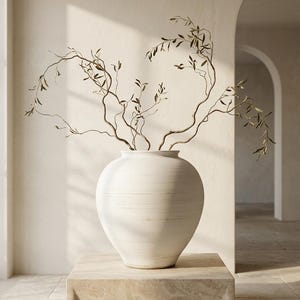 Puede incluir: Un jarrón grande y redondo de cerámica color blanco hueso con un acabado mate suave y sutiles líneas de textura horizontales. El jarrón contiene varias ramas largas, delgadas y sinuosas con pequeñas hojas verdes dispersas.