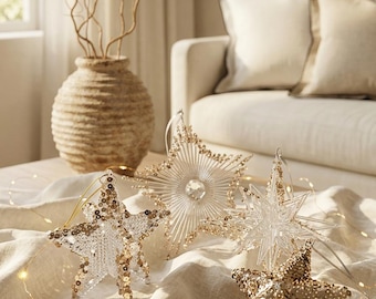Crystal Star Ornaments, Champagne Gold Sequin Tree Decorations, 3D Hanging Holiday Decor