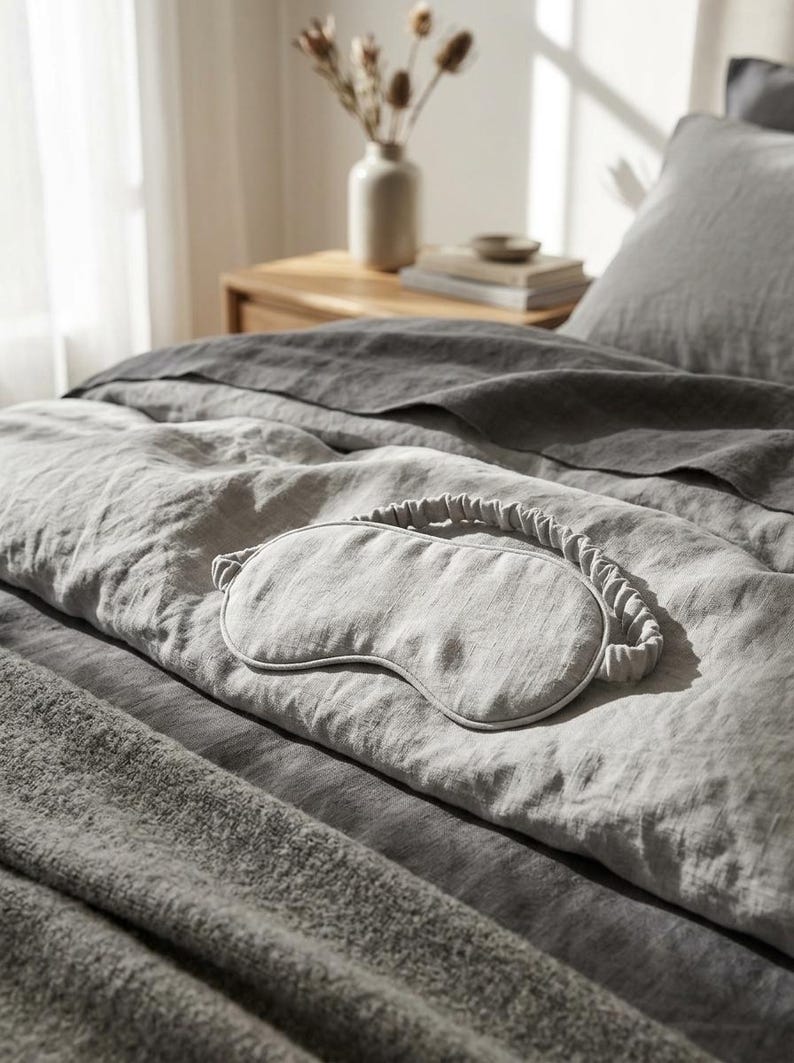 May include: A light gray sleep mask with a textured fabric finish and a matching gathered elastic strap. The mask features a contoured shape designed to cover the eyes, resting on a gray linen bedspread with a visible woven fabric texture.